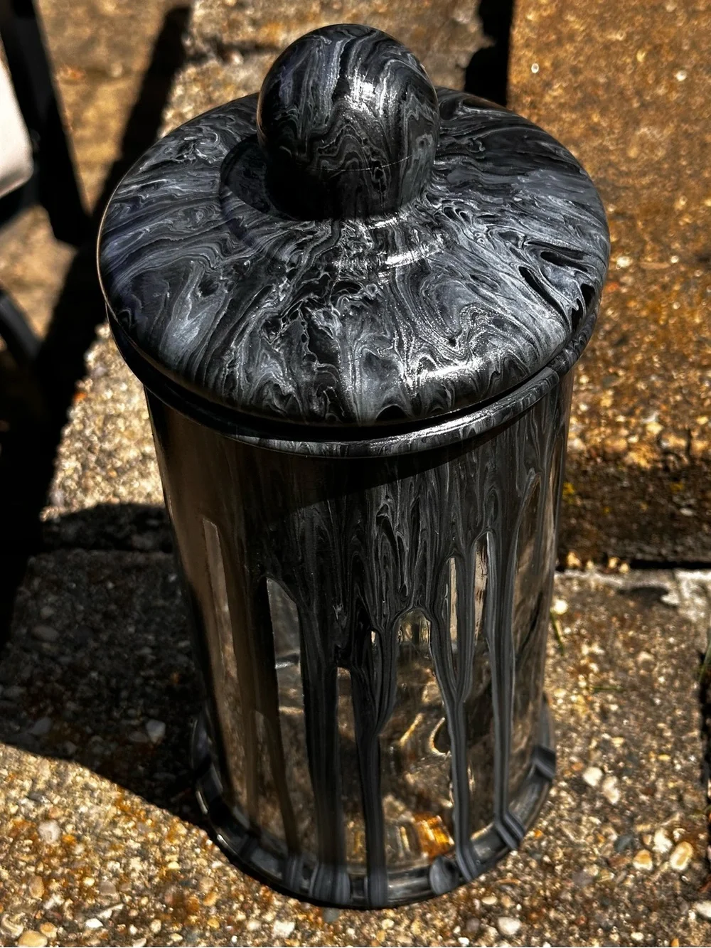 Hand crafted Black and silver Marble Effect glass Canister with Lid